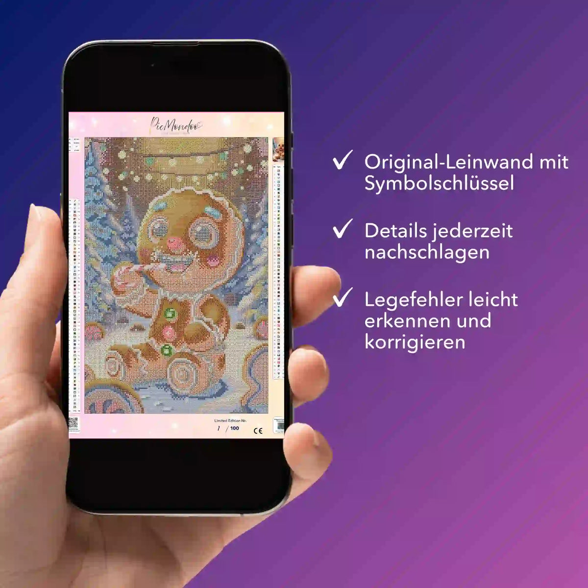 Digitale Diamond Painting Bildmappe als PDF für das Lebkuchenmann Motiv auf einem Smartphone-Display.