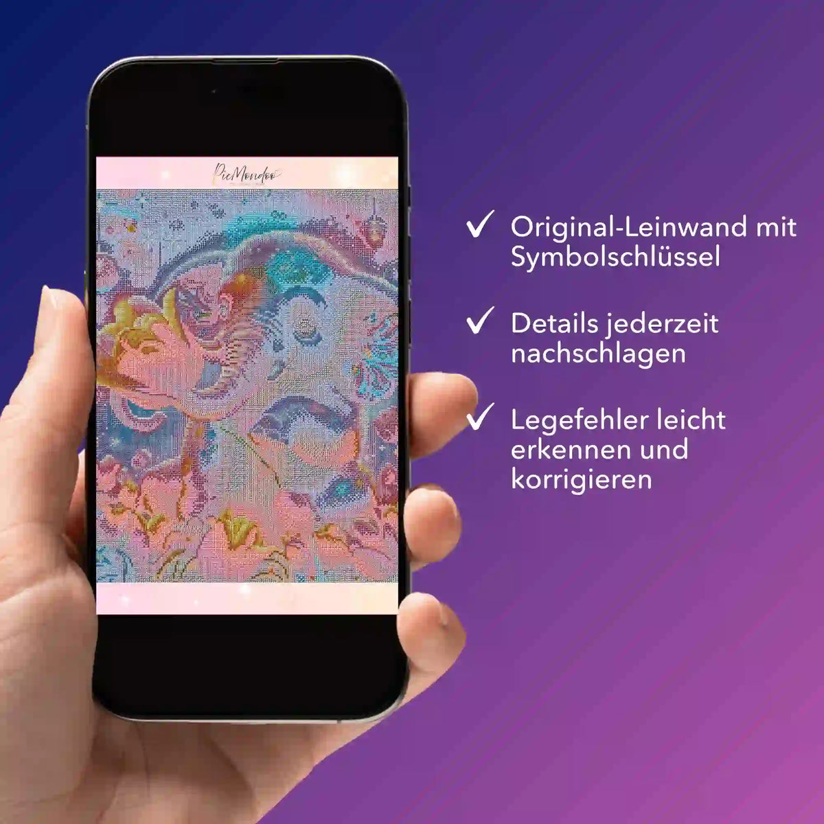 Smartphone mit digitaler Picmondoo Diamond Painting Bildmappe als PDF für das Motiv Elefantenmädchen.