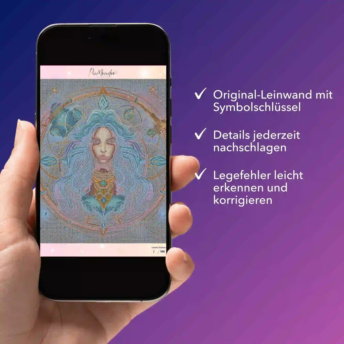 Digitale Diamond Painting Bildmappe Sternzeichen Jungfrau auf einem Smartphone mit Leinwanddetails und Symbolschlüssel