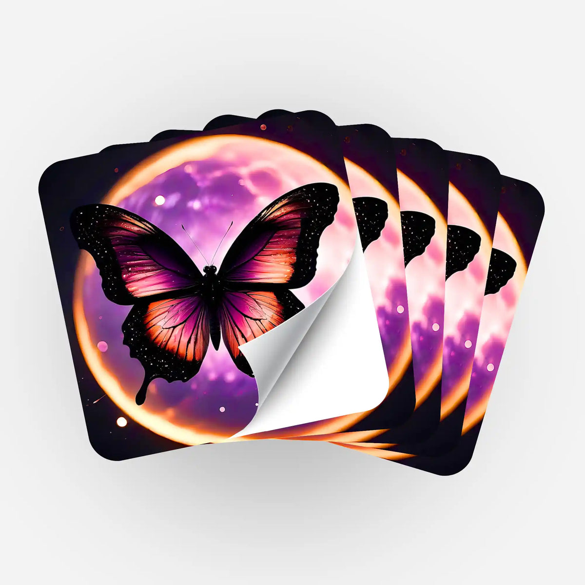 Fächer von 5 Picmondoo Aufklebern mit lila Mond und Schmetterling Motiv für Diamond Painting Zubehör