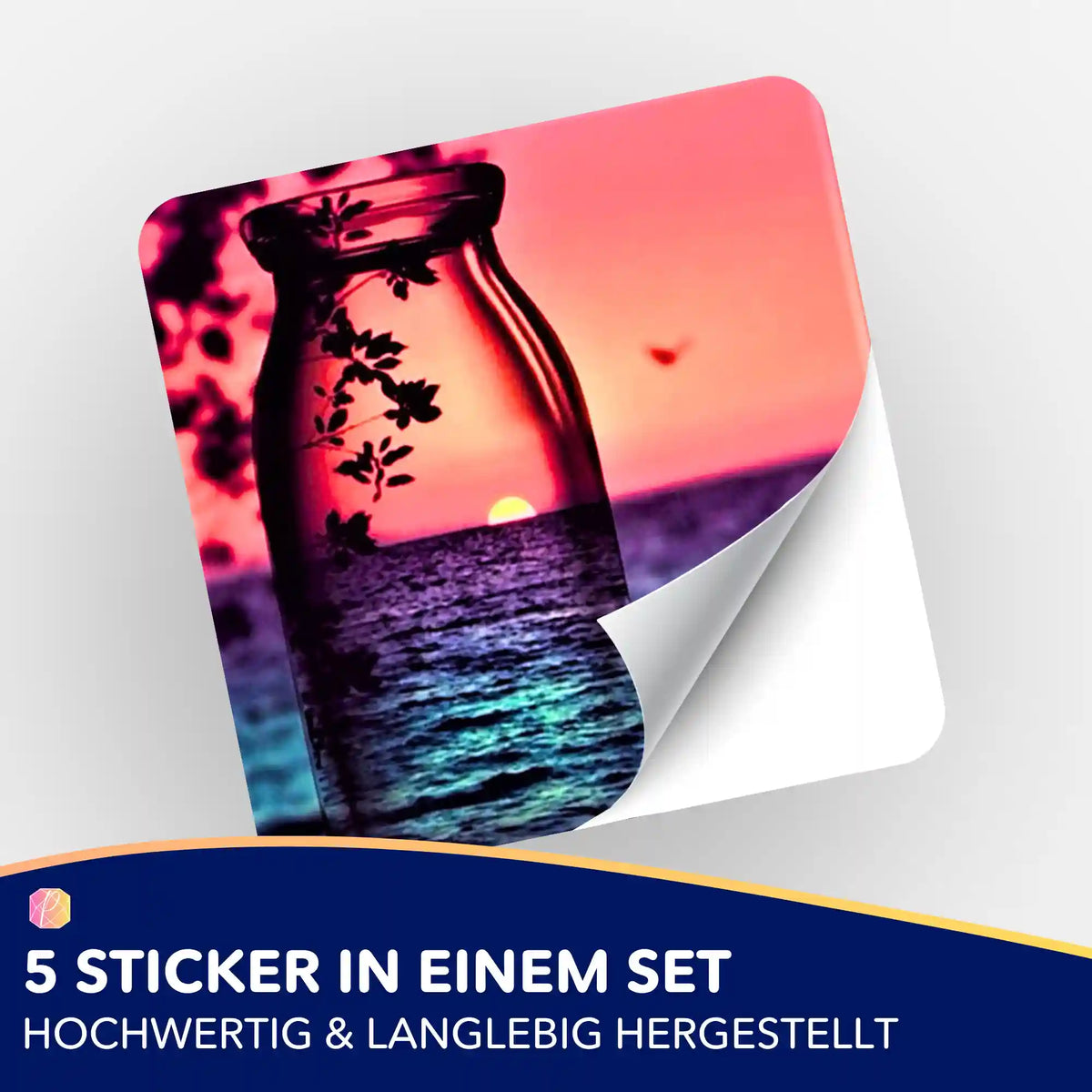Picmondoo Sticker-Set Roter Sonnenuntergang in Glasflasche, perfekt zur Organisation deines Diamond Painting Zubehörs.