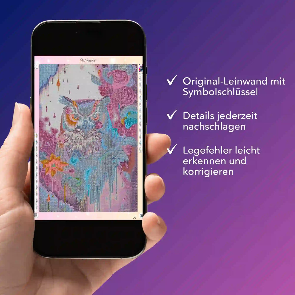 Digitale Picmondoo Bildmappe als PDF für Diamond Painting Eulen-Motiv auf einem Smartphone angezeigt