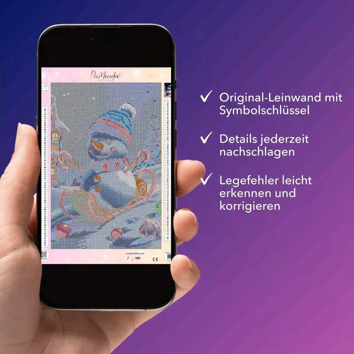 Digitale Diamond Painting Vorlage mit Schneemann am Smartphone für einfaches Korrigieren von Legefehlern bei DIY Sets