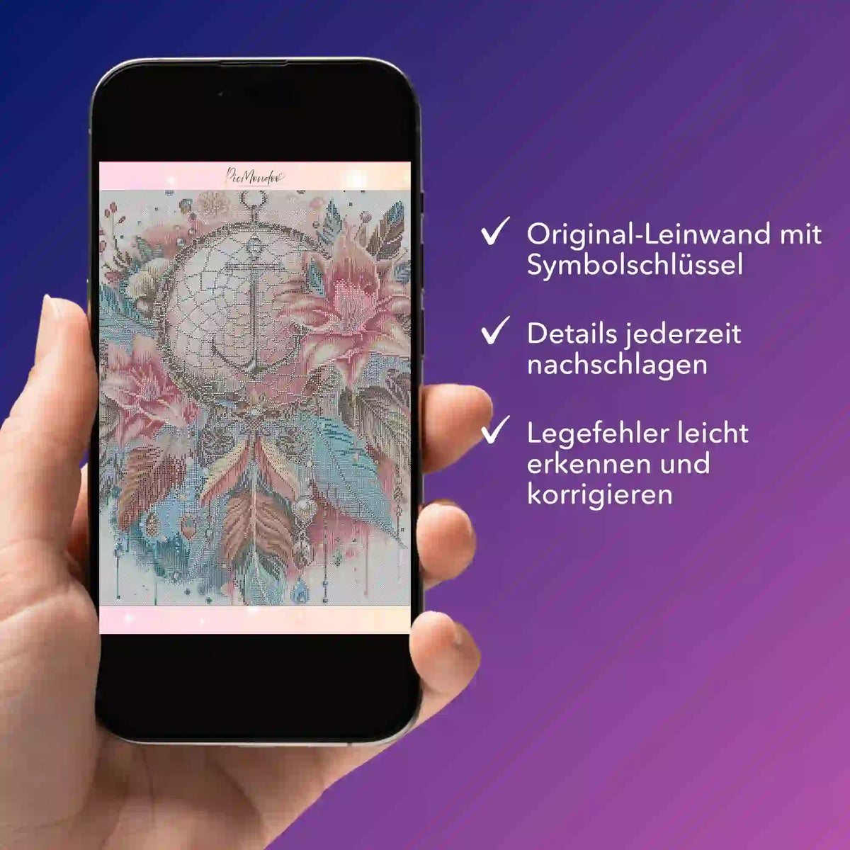 Digitale Diamond Painting Bildmappe als PDF auf Smartphone mit Motiv Dream Anker für präzises Arbeiten und Korrekturen.