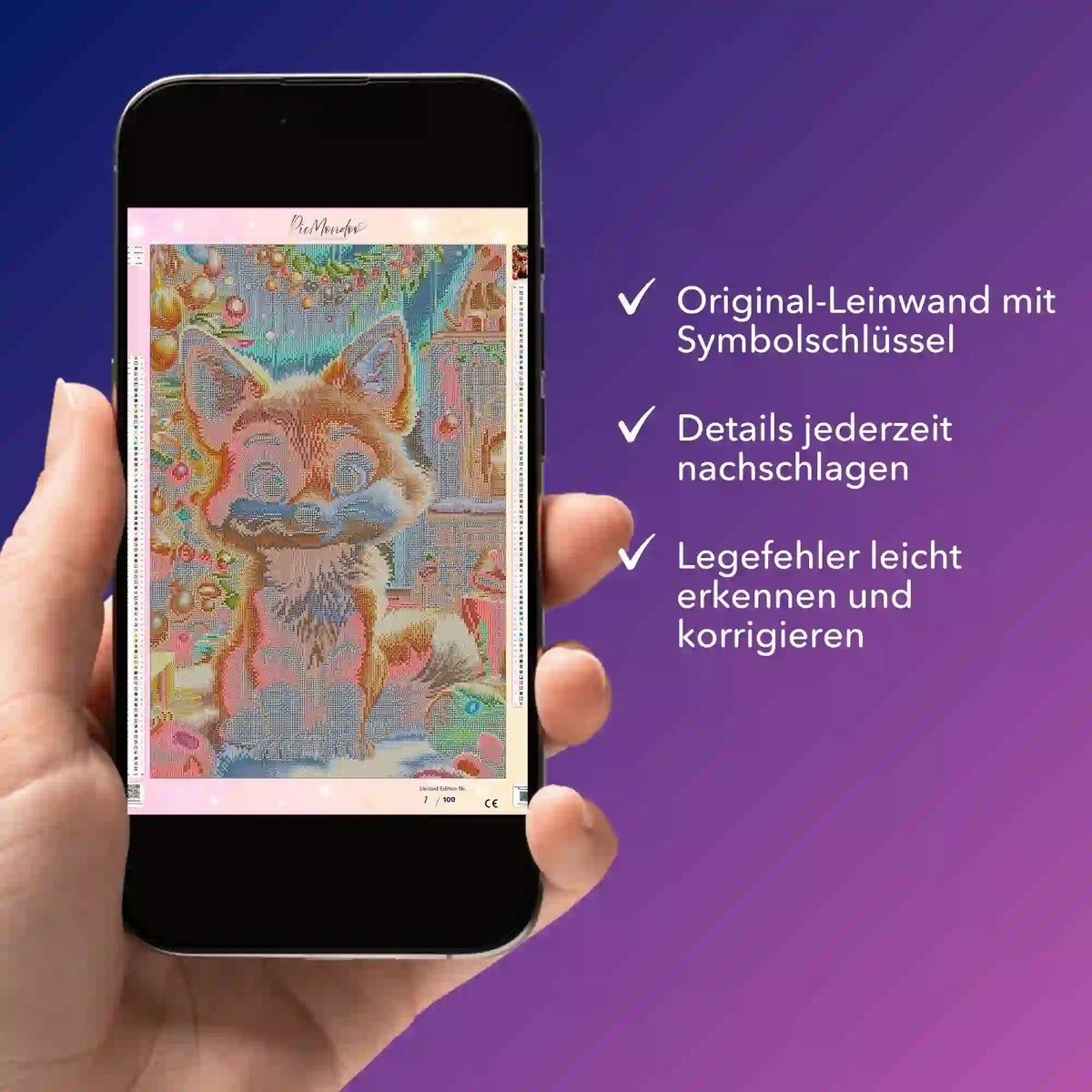 Digitale Diamond Painting Vorlage als PDF für das Foxy Design auf einem Smartphone zur Leinwand-Kontrolle.