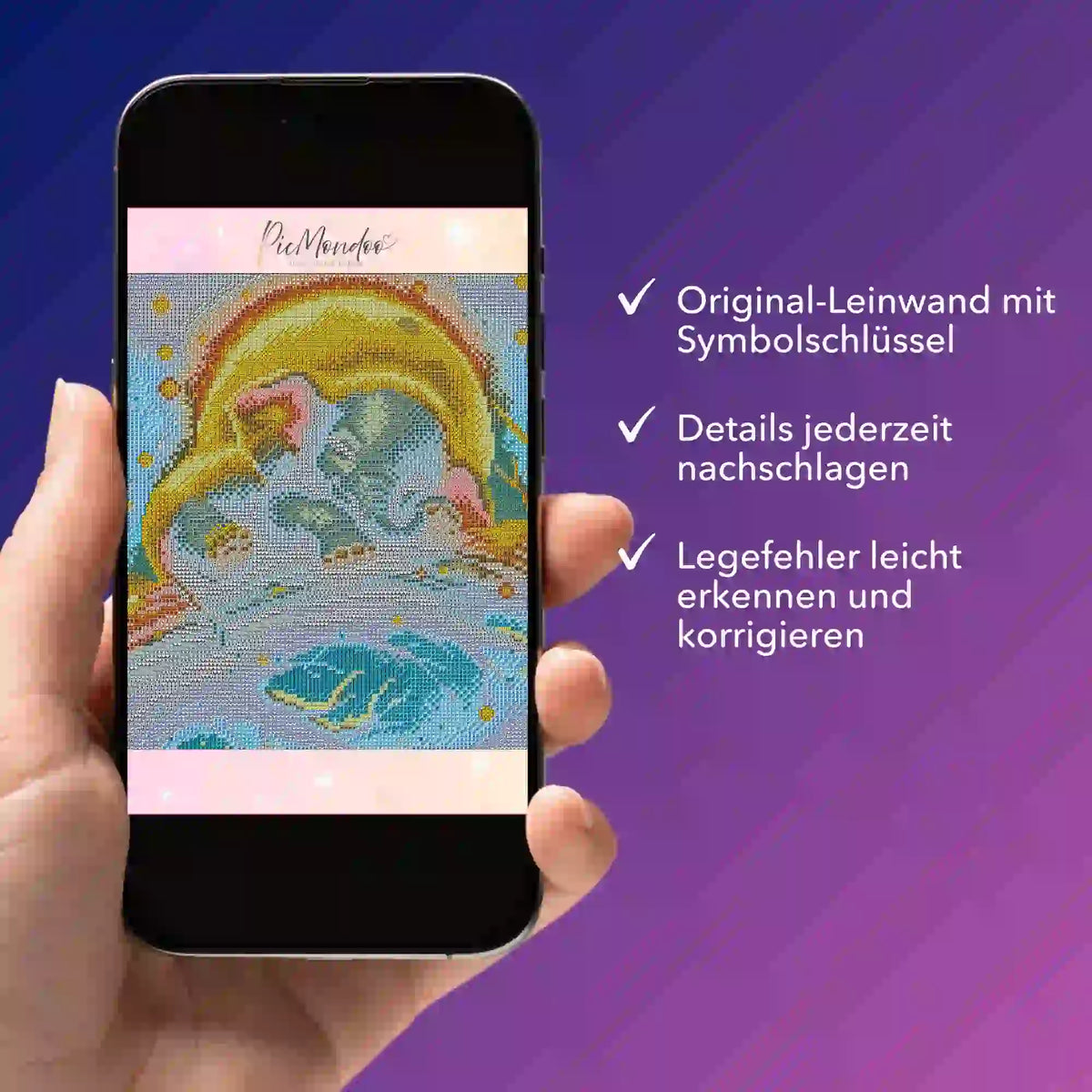 Smartphone mit digitaler Diamond Painting Vorlage Mondschein Elefant für eine einfache Fehlerkorrektur beim Basteln.