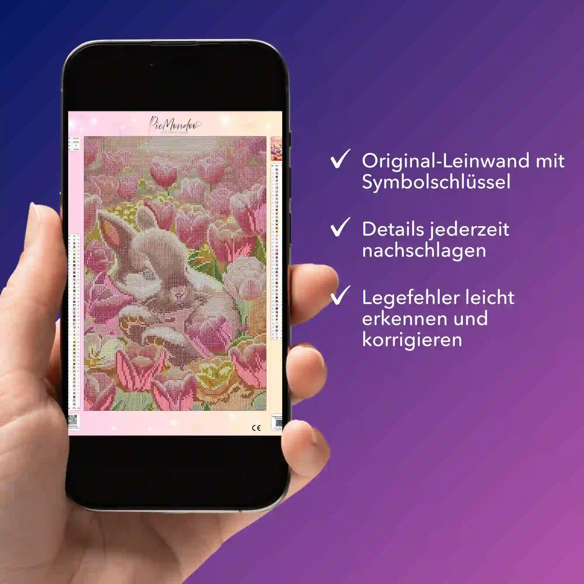Digitale Diamond Painting Bildmappe als PDF für das Motiv Osterhäschen auf einem Smartphone zur digitalen Kontrolle.