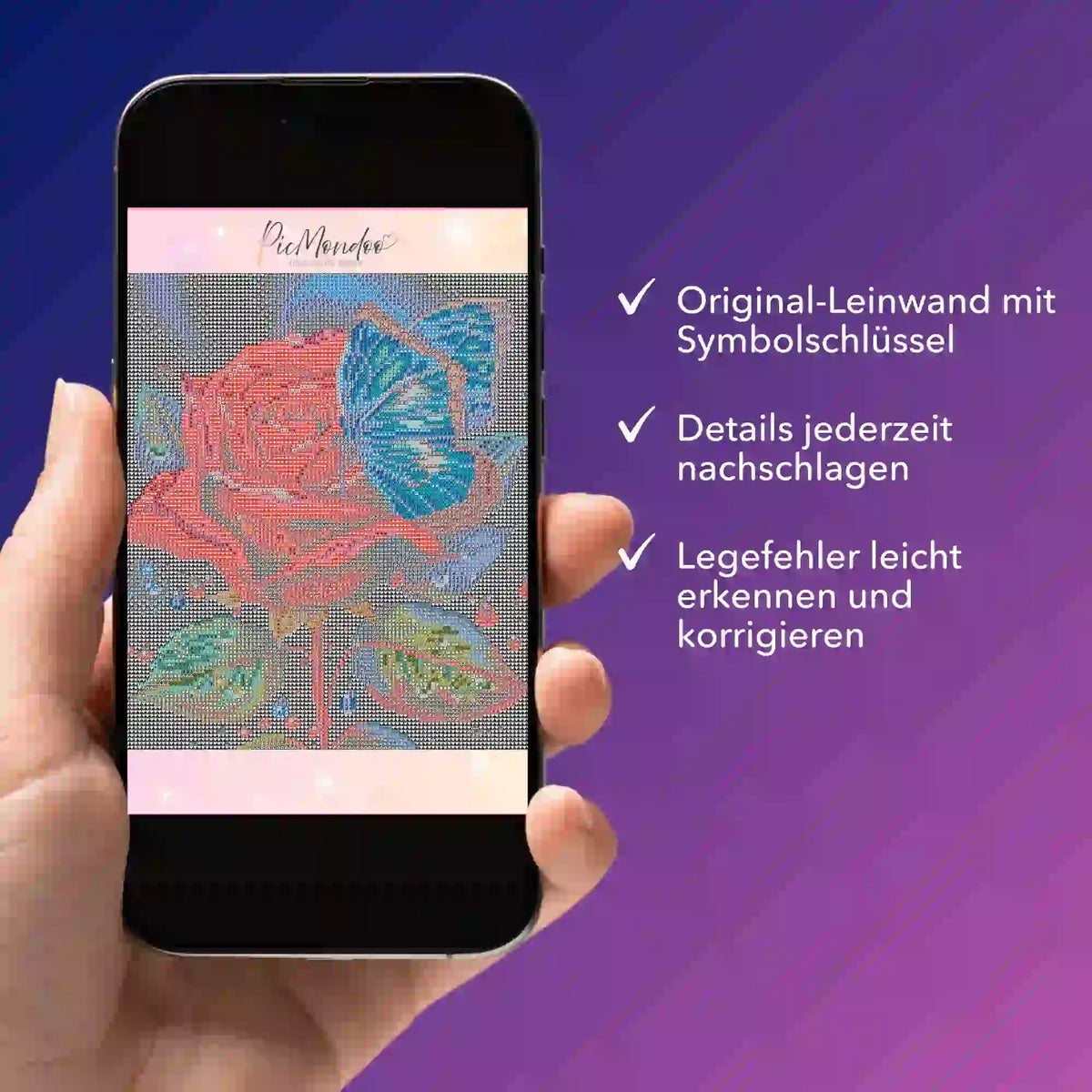 Digitale Diamond Painting Vorlage mit roter Rose und blauem Schmetterling auf dem Smartphone zur Fehlerkontrolle