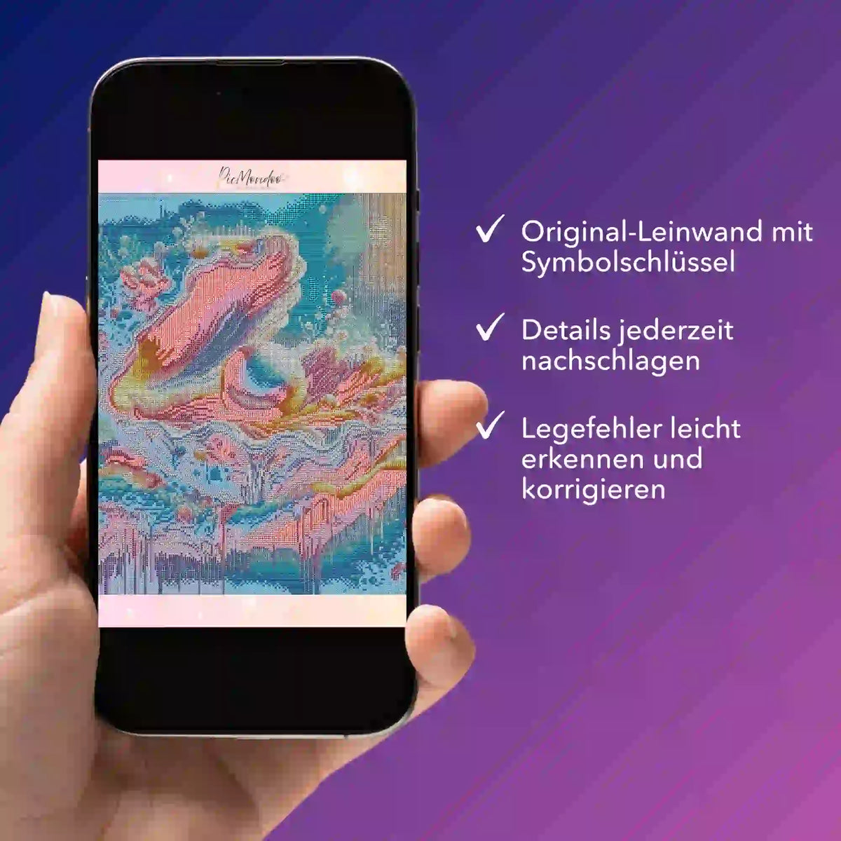 Digitale Diamond Painting Bildmappe auf Smartphone zur Kontrolle von Vorlage-Details und Symbolschlüsseln.