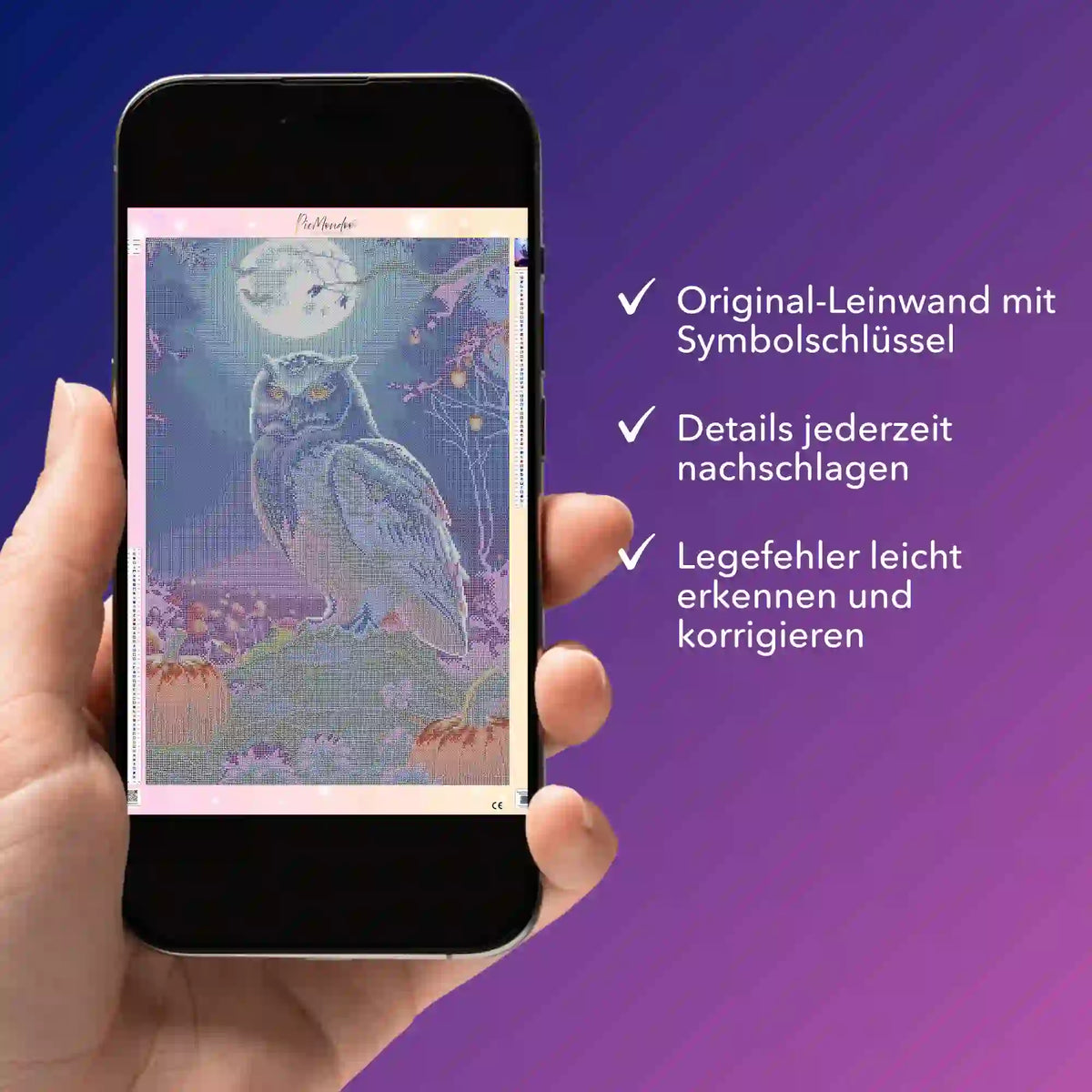 Digitale Diamond Painting Bildmappe mit Eulen-Motiv auf Smartphone zur Kontrolle der Vorlage und Symbole