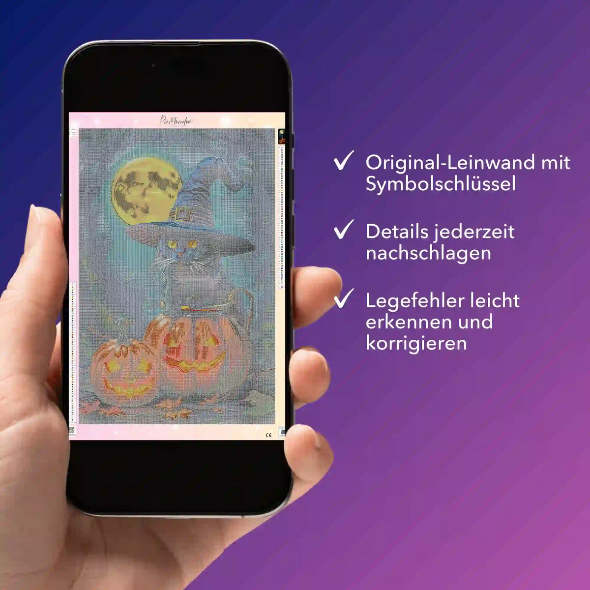 Digitale Diamond Painting Bildmappe als PDF auf Smartphone mit Motiv Wizard Cat für einfaches Malen nach Zahlen Design.