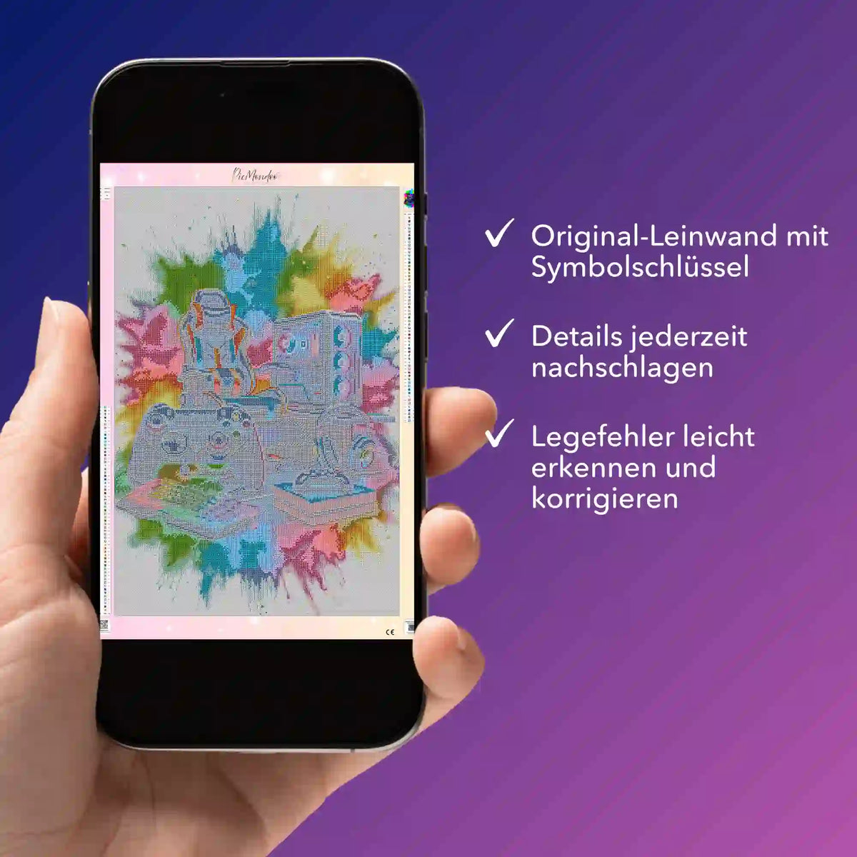 Digitale Bildmappe für Diamond Painting Motiv Gaming Zone mit Symbolschlüssel auf einem Smartphone präsentiert
