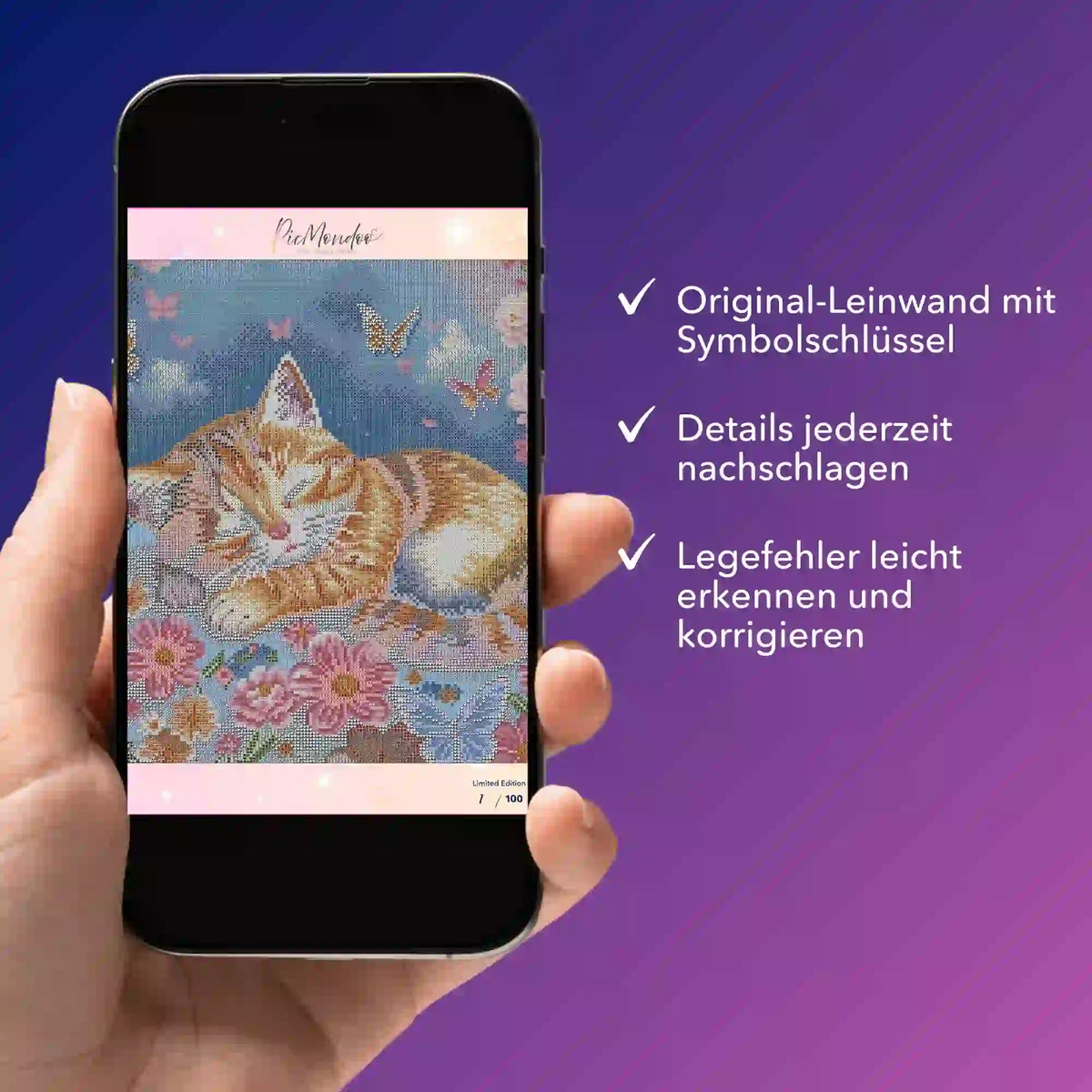 Digitale Diamond Painting Bildmappe als PDF auf Smartphone mit Katzen-Motiv zur Kontrolle von Symbolen und Legefehlern.
