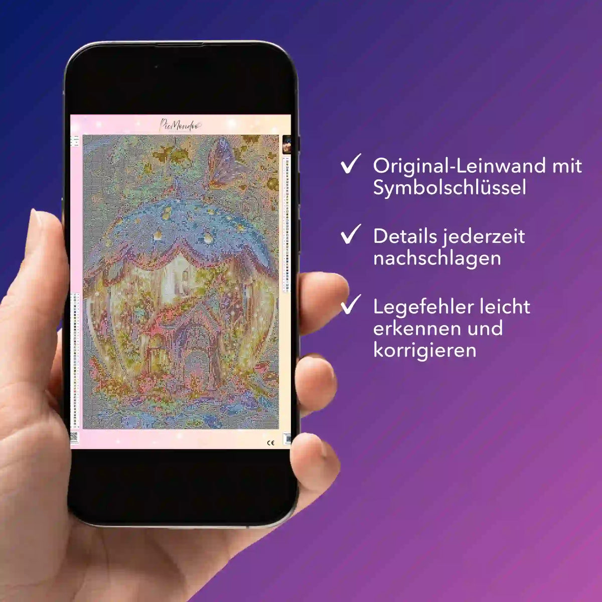 Digitale Diamond Painting Bildmappe als PDF auf Smartphone für das Motiv Fantasiehaus mit Symbolschlüssel zum Nachschlagen