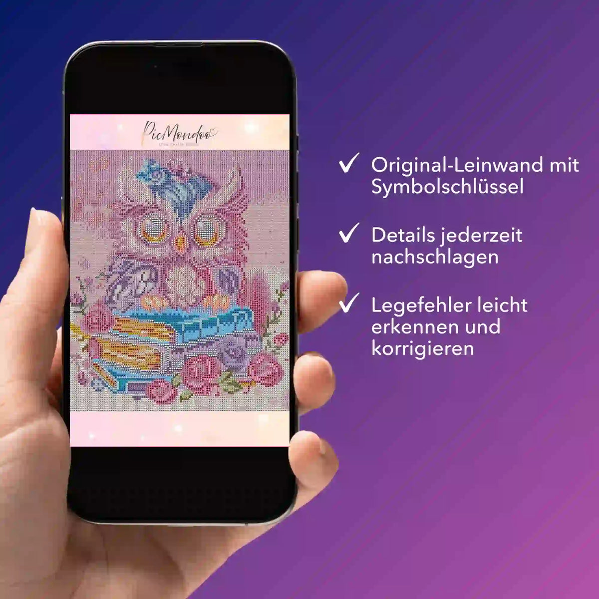 Digitale Diamond Painting Bildmappe als Smartphone-Ansicht mit Büchereule-Motiv zum Nachschlagen der Leinwand-Symbole
