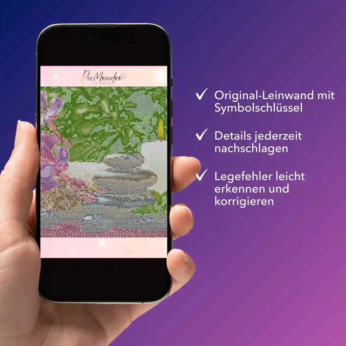 Digitale Diamond Painting Bildmappe auf dem Smartphone für bequemes Nachschlagen von Symbolen und Motiv-Details