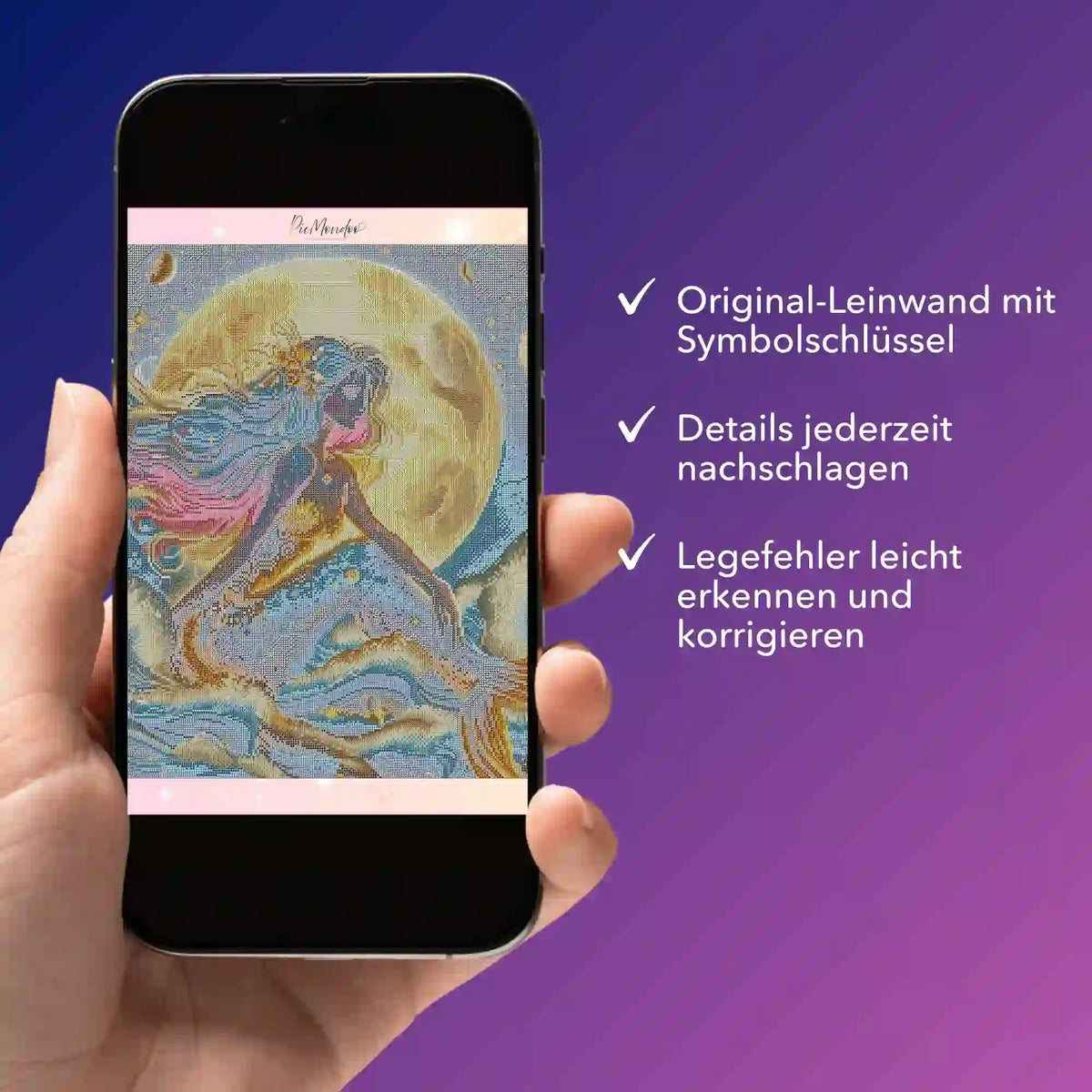 Digitale Diamond Painting Bildmappe als PDF für das Motiv Meerjungfrau im Sternenhimmel auf einem Smartphone angezeigt.