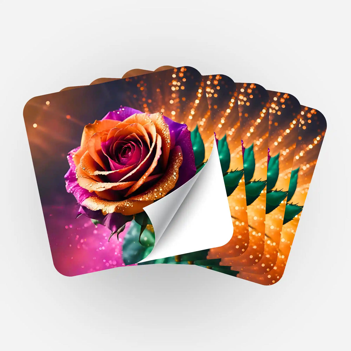 Fünfer-Set bunte Rosen Aufkleber für Diamond Painting Organisation mit orange-lila Blütenmotiv und Glitzereffekt
