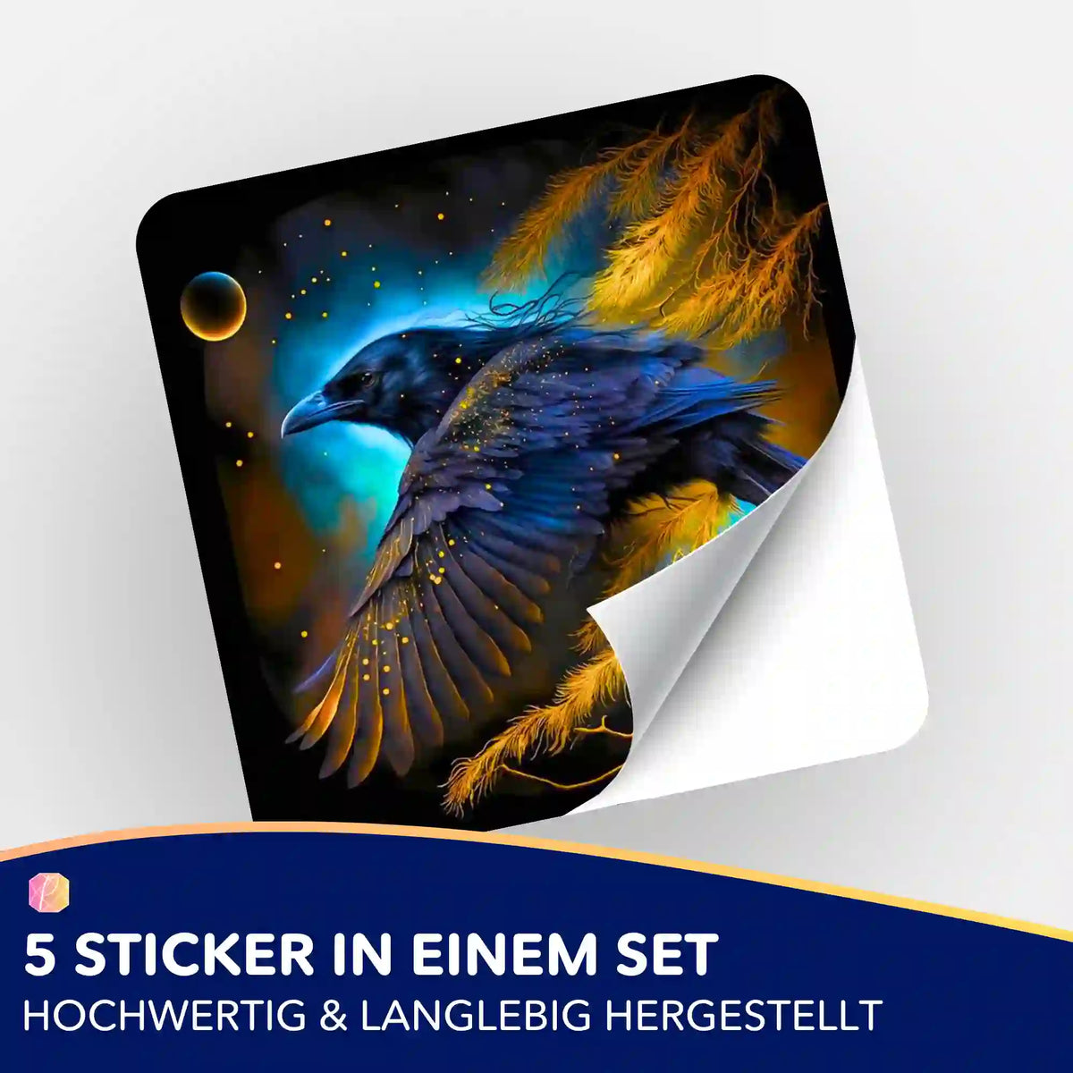 Hexenrabe Aufkleber für Diamond Painting Organisation im 5er-Set mit magischem Raben-Motiv auf dunklem Hintergrund