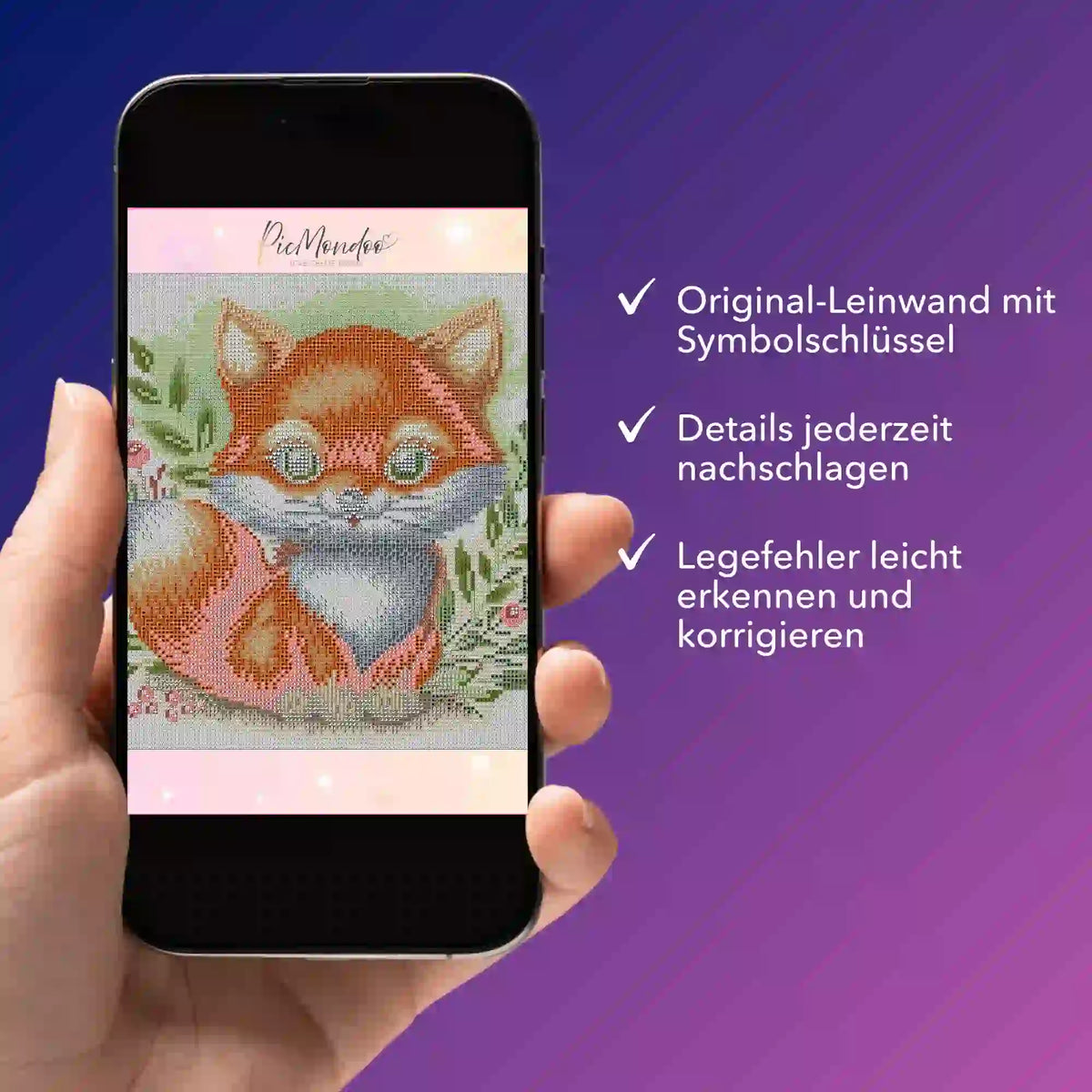 Digitale Picmondoo Bildmappe für Diamond Painting Freddy Füchschen mit Leinwand-Vorschau und Symbolschlüssel auf Smartphone