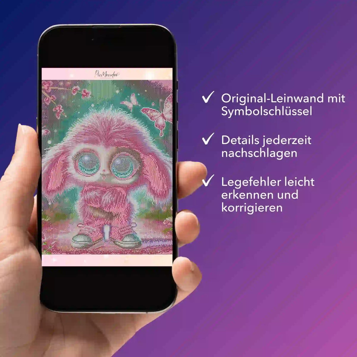 Digitale Diamond Painting Bildmappe mit Pink Fluffel Knuffel Motiv zur Kontrolle des Leinwand-Symbols auf dem Smartphone