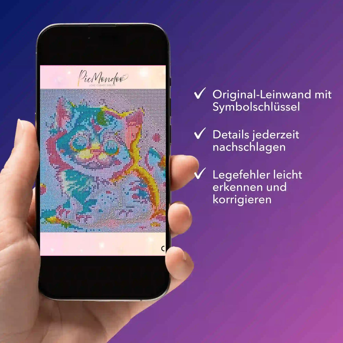 Digitale Diamond Painting Bildmappe als PDF auf Smartphone für Rainbow Kitty Motiv zur einfachen Fehlerkorrektur