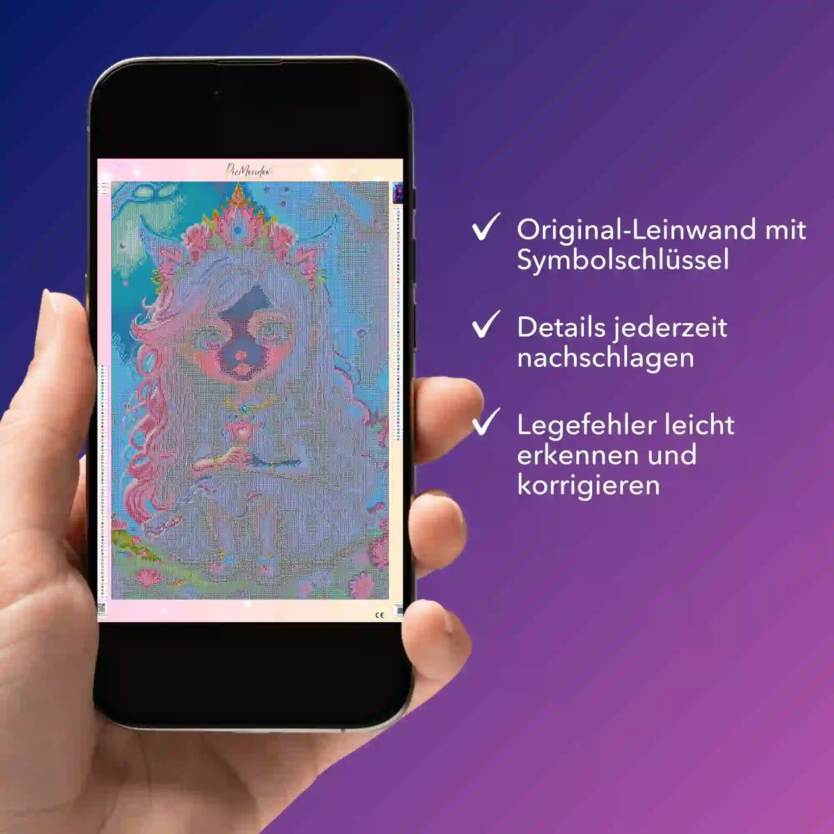 Digitale Diamond Painting Bildmappe auf Smartphone zur Kontrolle der Symbole und Details für das Diamanten Painting Projekt