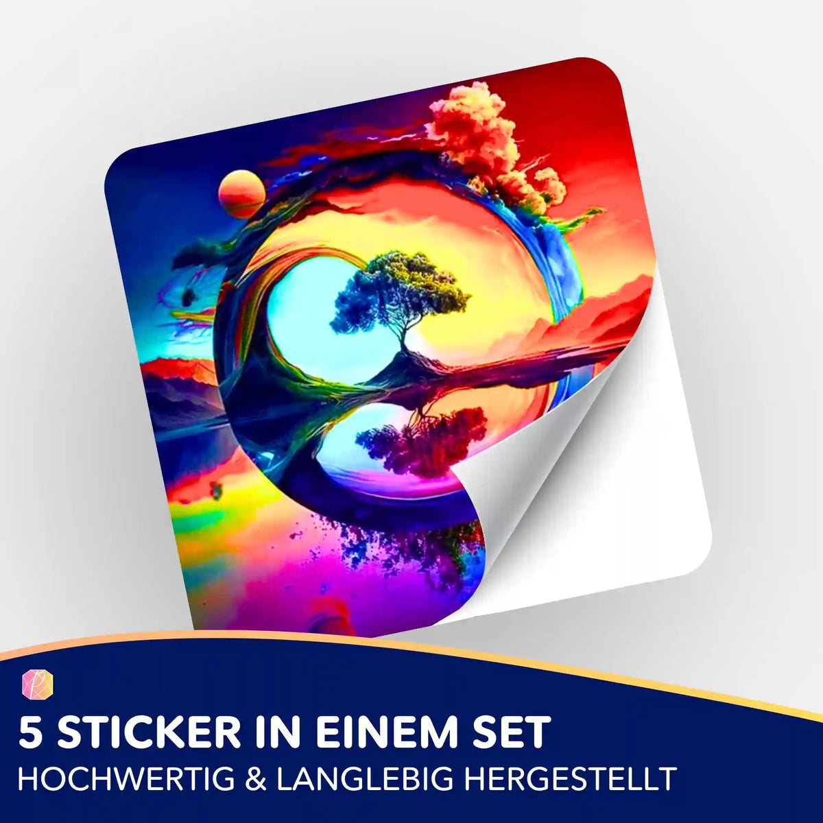 Buntes Fantasy-Motiv Aufkleber für Diamond Painting Organisation; 5er-Set Sticker mit abstrakter Baum-Illustration.