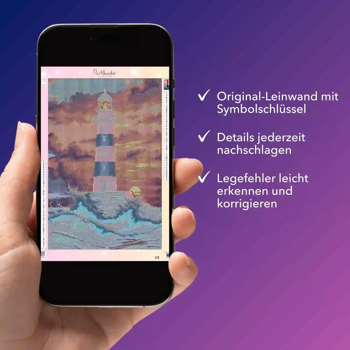 Digitale Diamond Painting Vorlage als PDF auf Smartphone: Leuchtturm Motiv mit Symbolschlüssel für präzises Basteln.