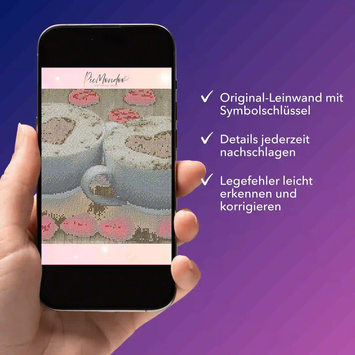 Digitale Diamond Painting Bildmappe für Kaffeemotiv auf Smartphone zur Kontrolle von Leinwand und Symbolschlüssel.