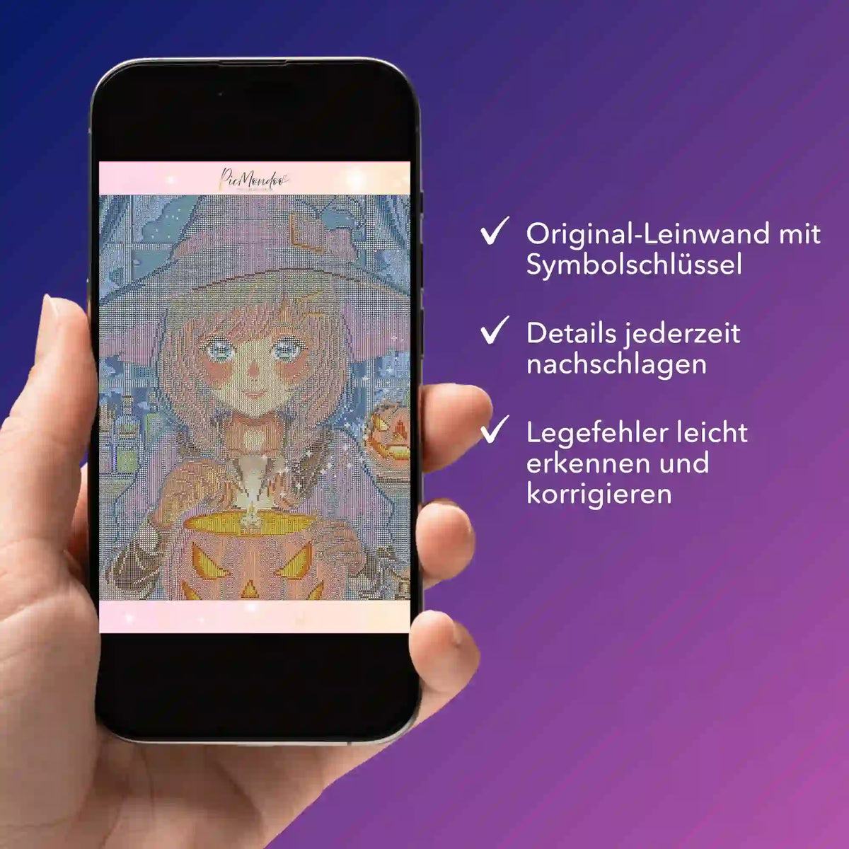 Digitale Diamond Painting Bildmappe Little Sabrina auf dem Smartphone mit Symbolschlüssel für das DIY-Set
