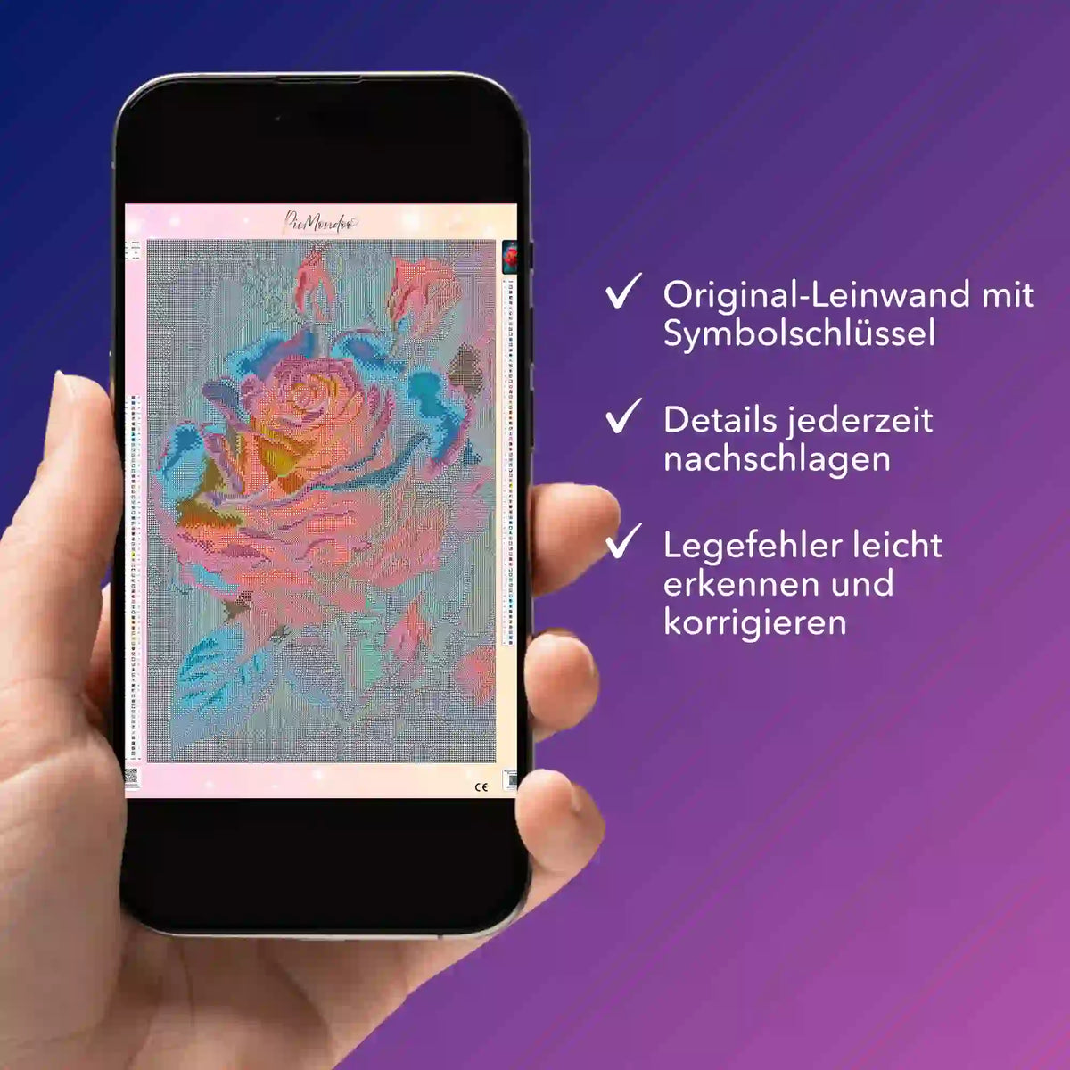 Digitale Diamond Painting Vorlage mit Rosenmotiv als PDF auf Smartphone für die einfache Fehlerkontrolle bei Picmondoo.