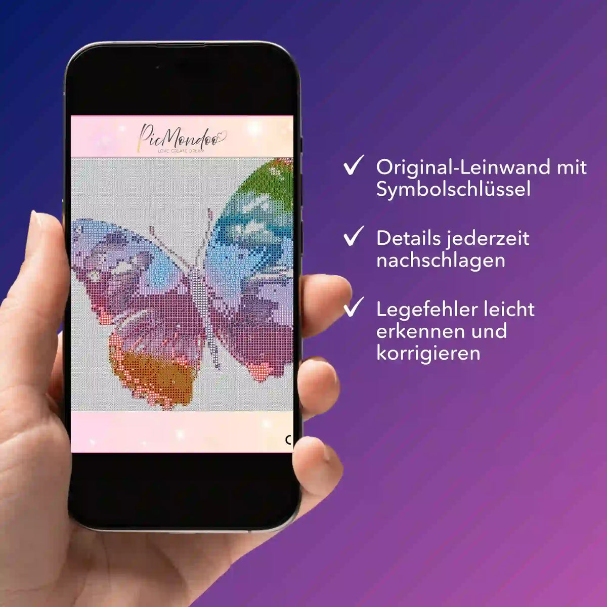 Smartphone mit digitaler Bildmappe für Diamond Painting Motiv Schmetterling inklusive Symbolschlüssel und Details