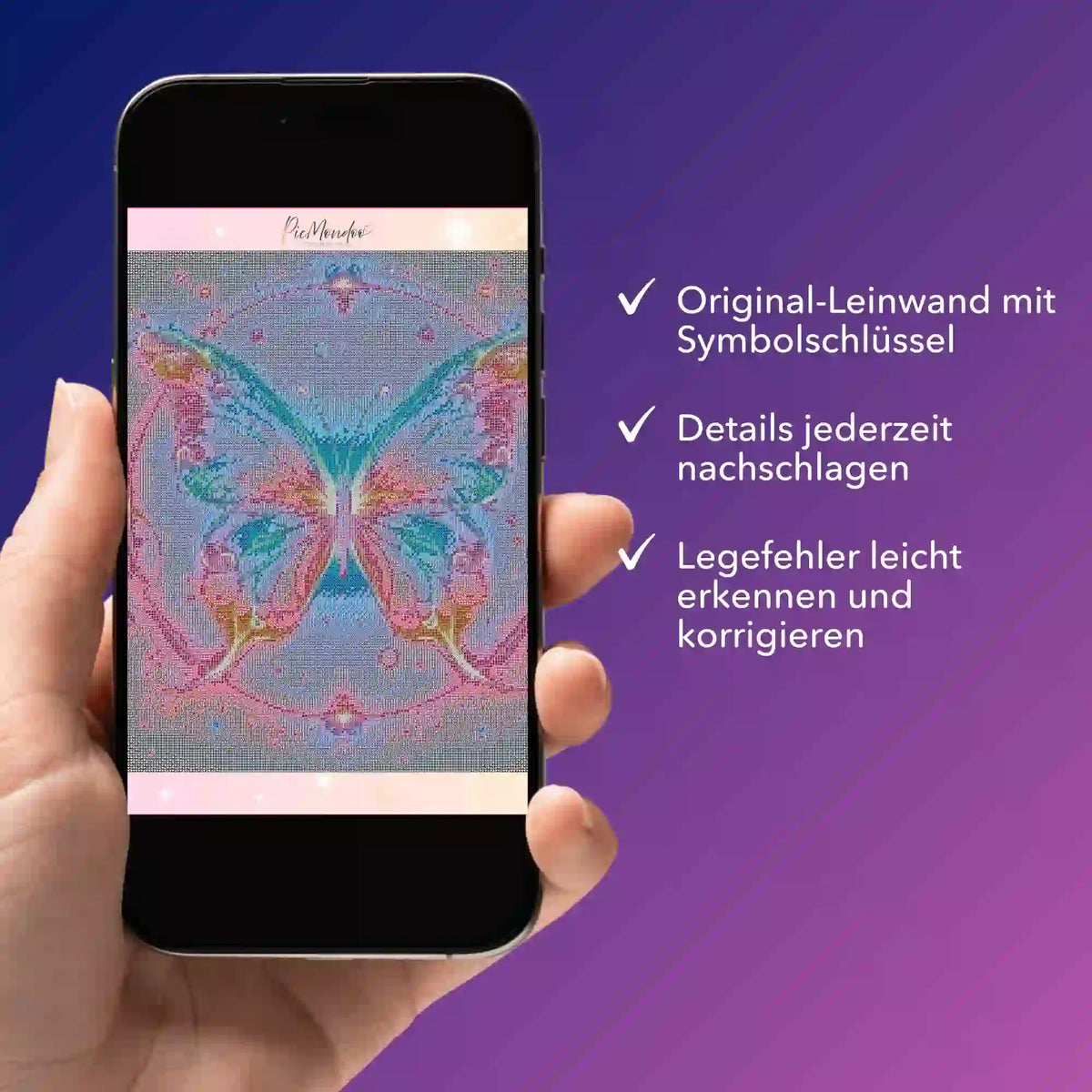 Digitale Diamond Painting Bildmappe mit Schmetterlings-Motiv auf Smartphone zur Kontrolle von Leinwand und Symbolschlüssel.