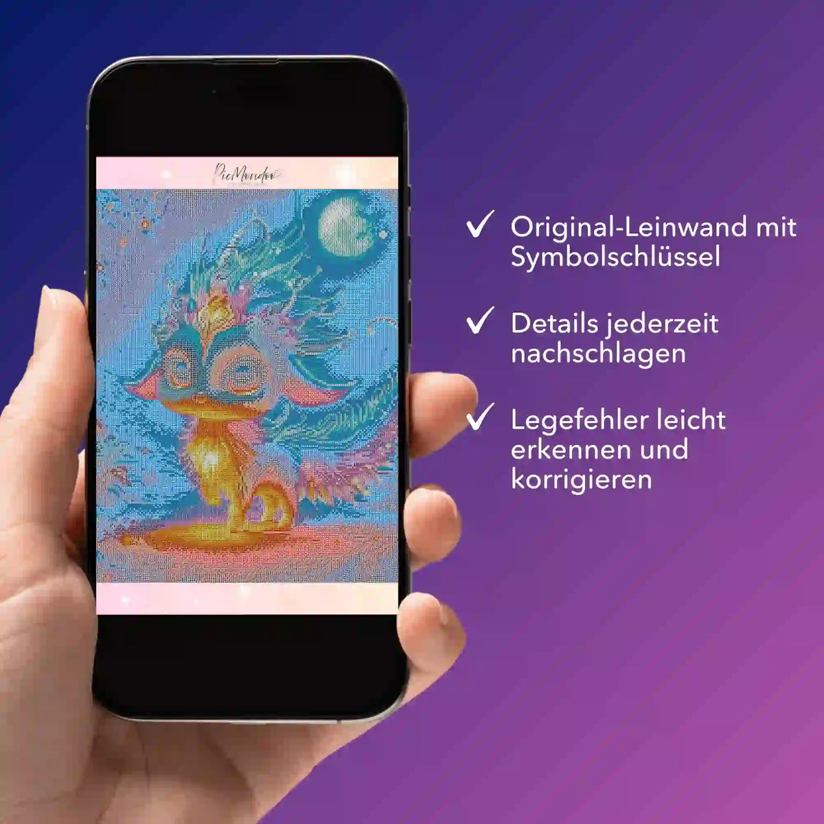 Digitale Diamond Painting Bildmappe als PDF auf einem Smartphone zur Hilfe beim Diamanten Painting von Picmondoo