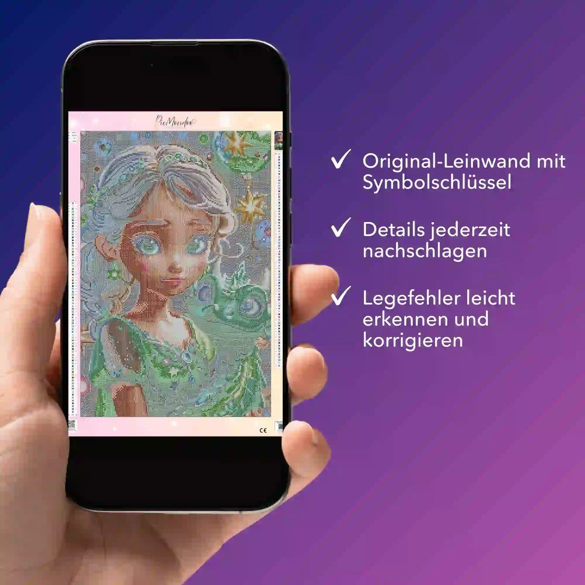 Digitale Bildmappe als PDF für Dragon Girl Diamond Painting Set auf dem Smartphone zur Kontrolle der Leinwanddetails