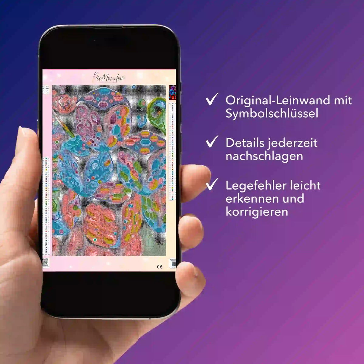 Digitale Diamond Painting Bildmappe „Zeit der Spiele“ auf Smartphone mit Leinwanddetails und Symbolschlüssel