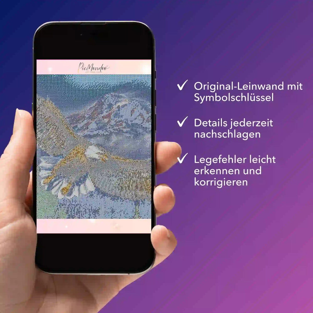 Digitale Diamond Painting Bildmappe als PDF für das Adler Motiv auf dem Smartphone zur einfachen Kontrolle der Leinwand.