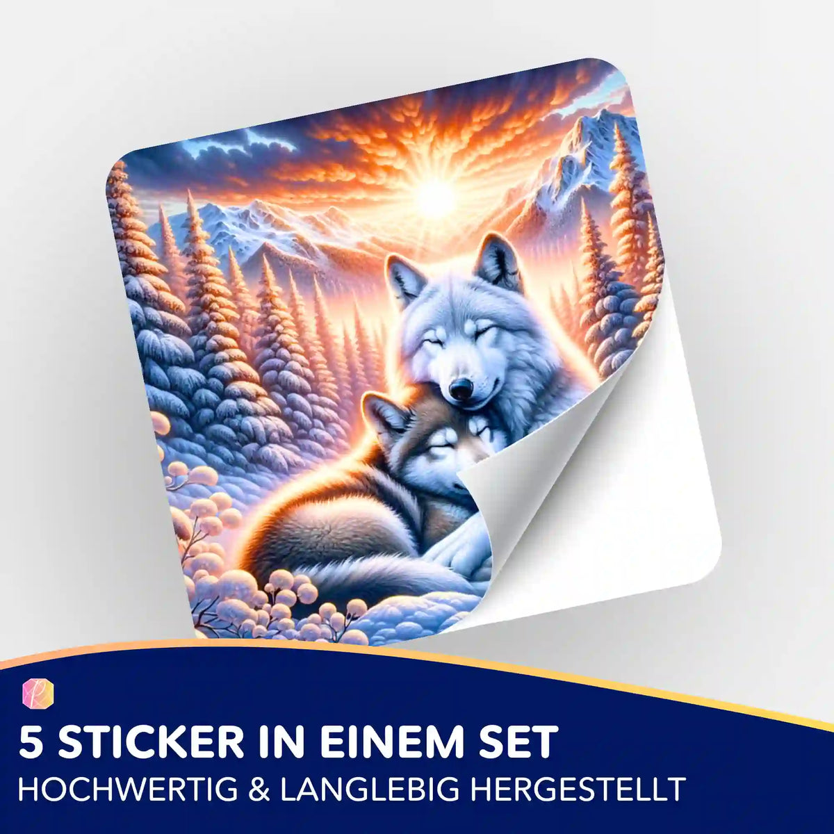 5er-Set Aufkleber mit Motiv Wolfliebe im Sonnenaufgang zur Organisation von Diamond Painting Zubehör