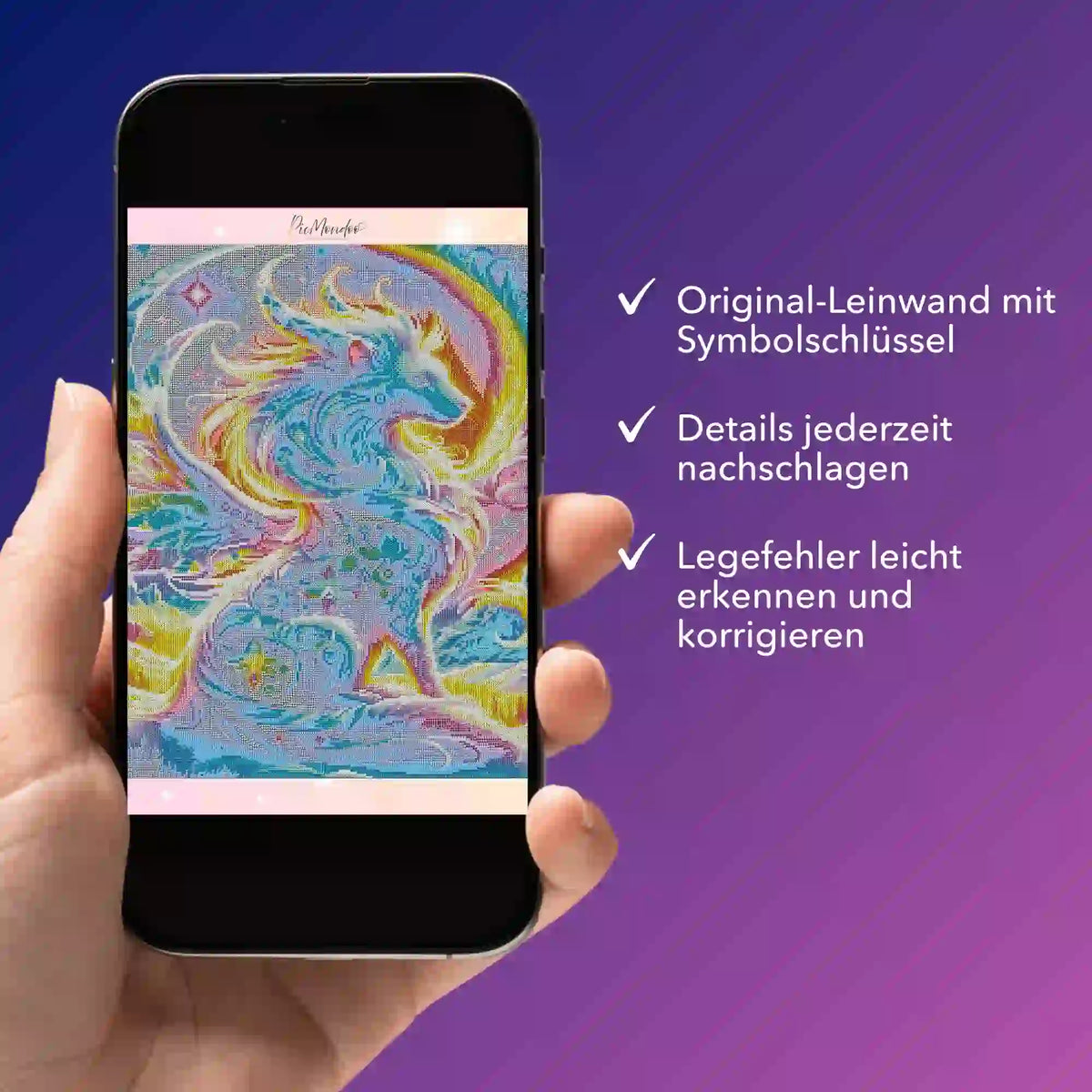 Digitale Diamond Painting Bildmappe Monja von Picmondoo auf Smartphone für einfache Orientierung beim Diamanten Painting.