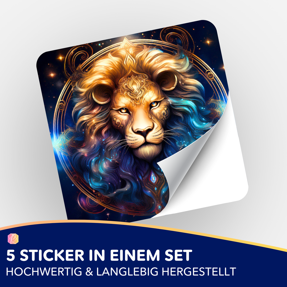 5er-Set Aufkleber Sternzeichen Löwe als Diamond Painting Zubehör mit goldenem Löwen-Motiv für kreative DIY-Bastelprojekte.