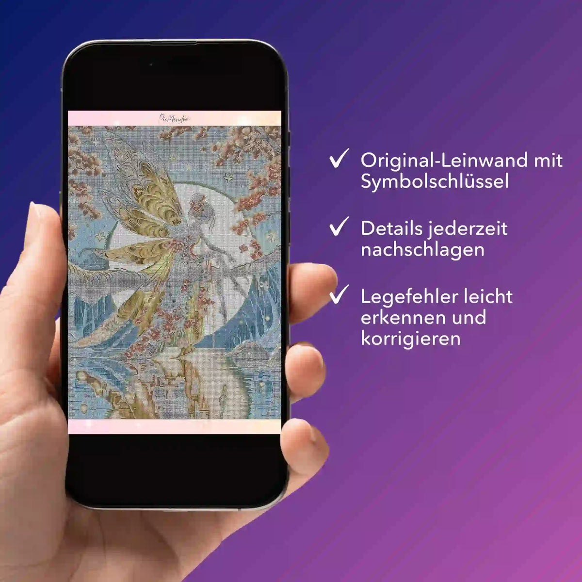 Digitale Diamond Painting Bildmappe als PDF für das Motiv Mondscheinfee auf einem Smartphone-Display angezeigt