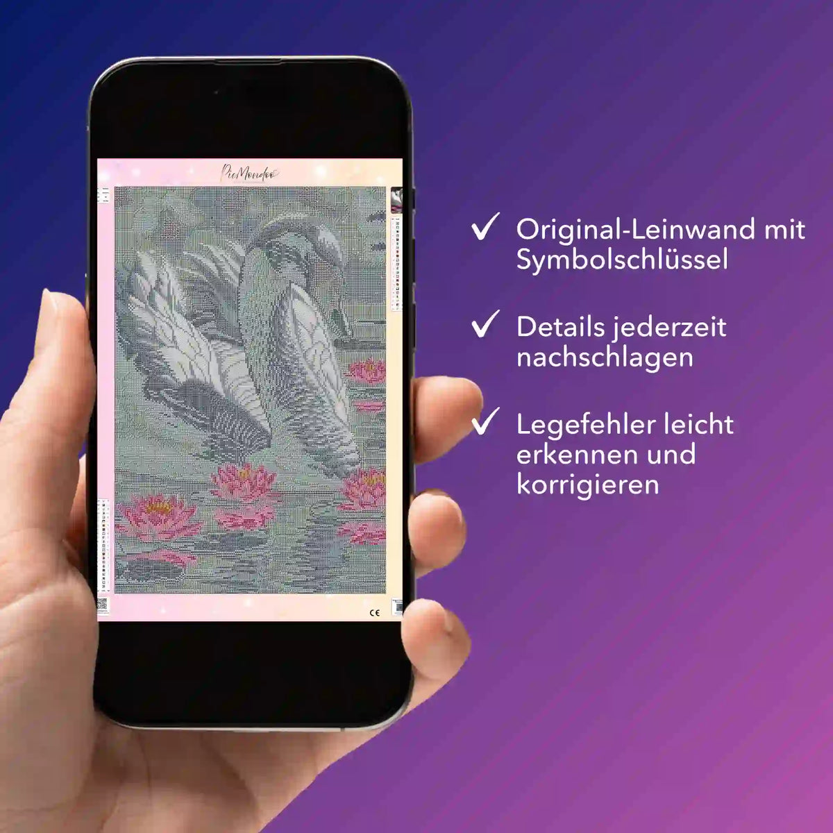Digitale Diamond Painting Bildmappe als PDF für das Motiv Schwan im Seerosensee mit Symbolschlüssel auf einem Smartphone.