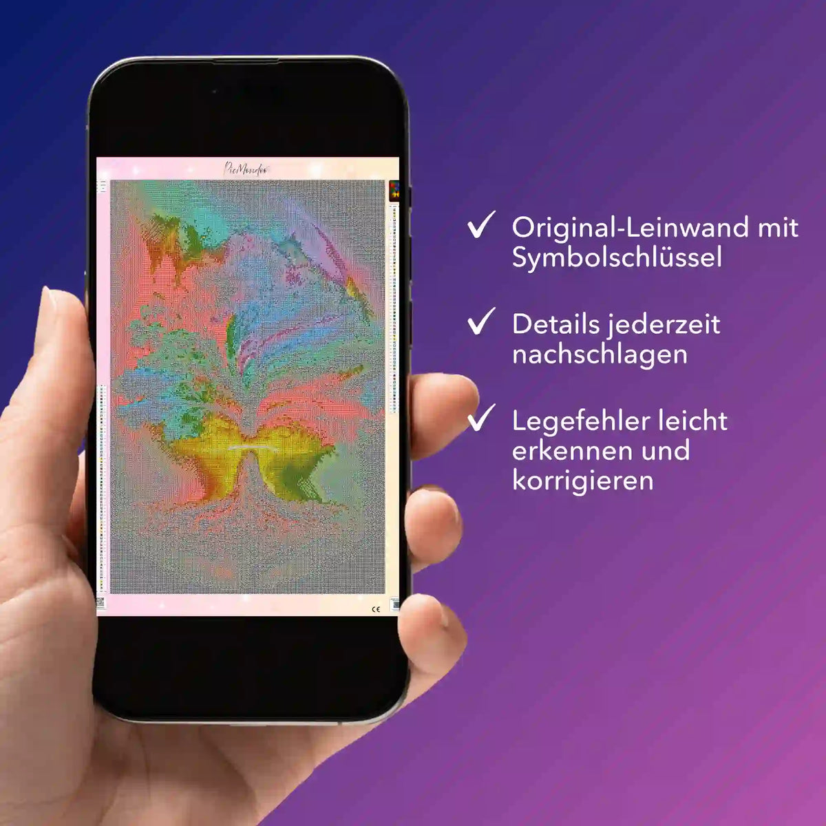 Diamond Painting Bildmappe als PDF auf Smartphone für den Lebensbaum der Tausend Farben Motiv mit Symbolschlüssel