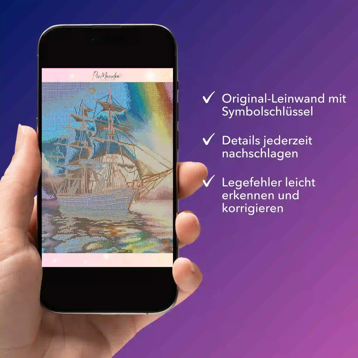 Digitale Diamond Painting Bildmappe mit Segelschiff-Motiv auf Smartphone zur einfachen Korrektur von Legefehlern.