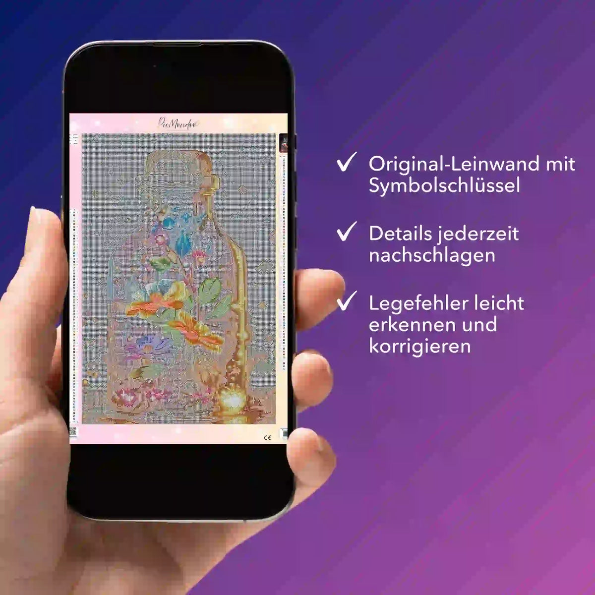 Digitale Diamond Painting Bildmappe als PDF auf Smartphone zur Kontrolle der Leinwand-Details und Symbole