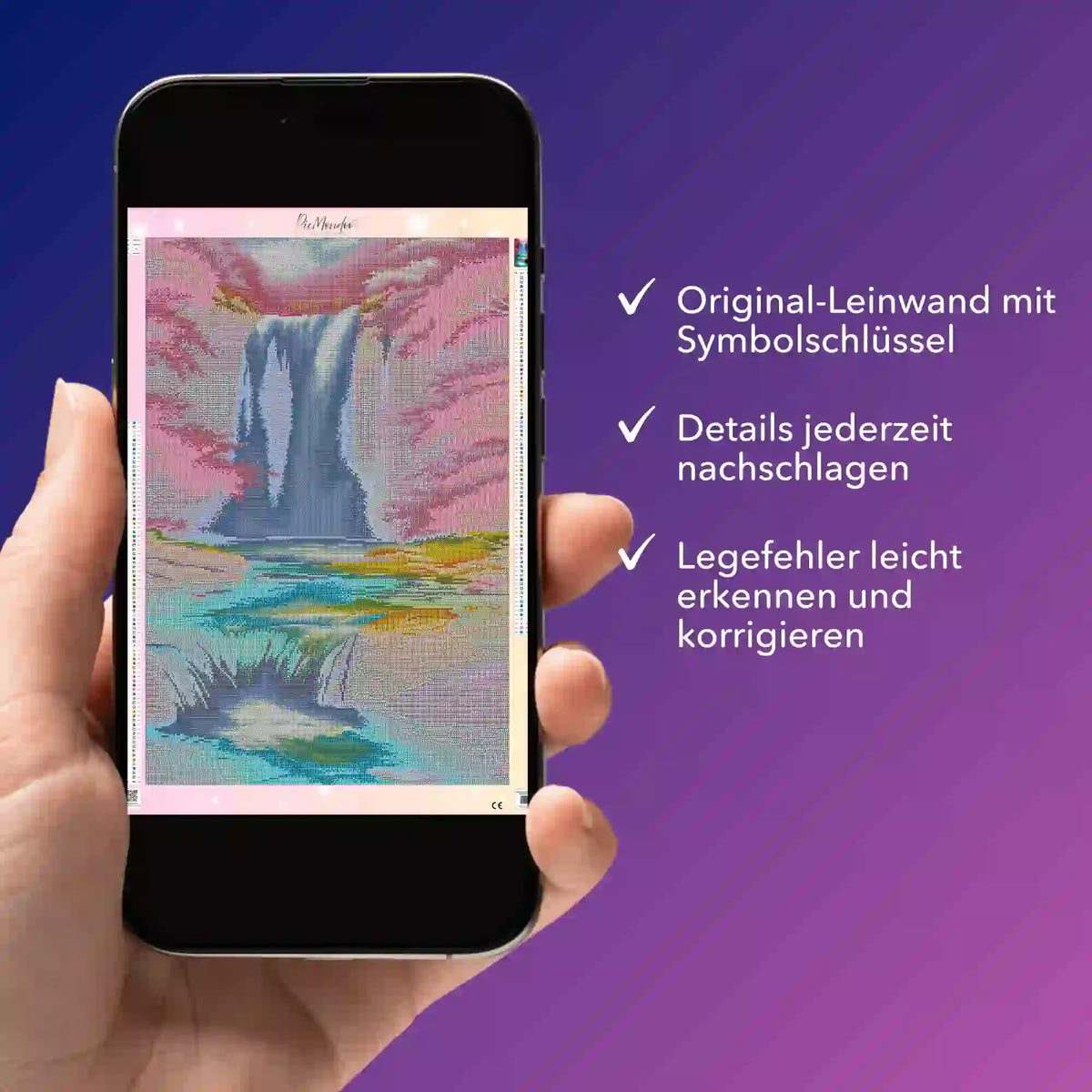 Digitale Diamond Painting Bildmappe als PDF auf Smartphone mit Motiv Kirschblüten am Wasserfall von Picmondoo