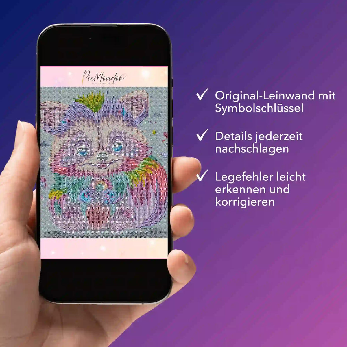 Digitale Diamond Painting Bildmappe mit Waschbär Motiv auf Smartphone für einfache Korrekturen und Symboldetails