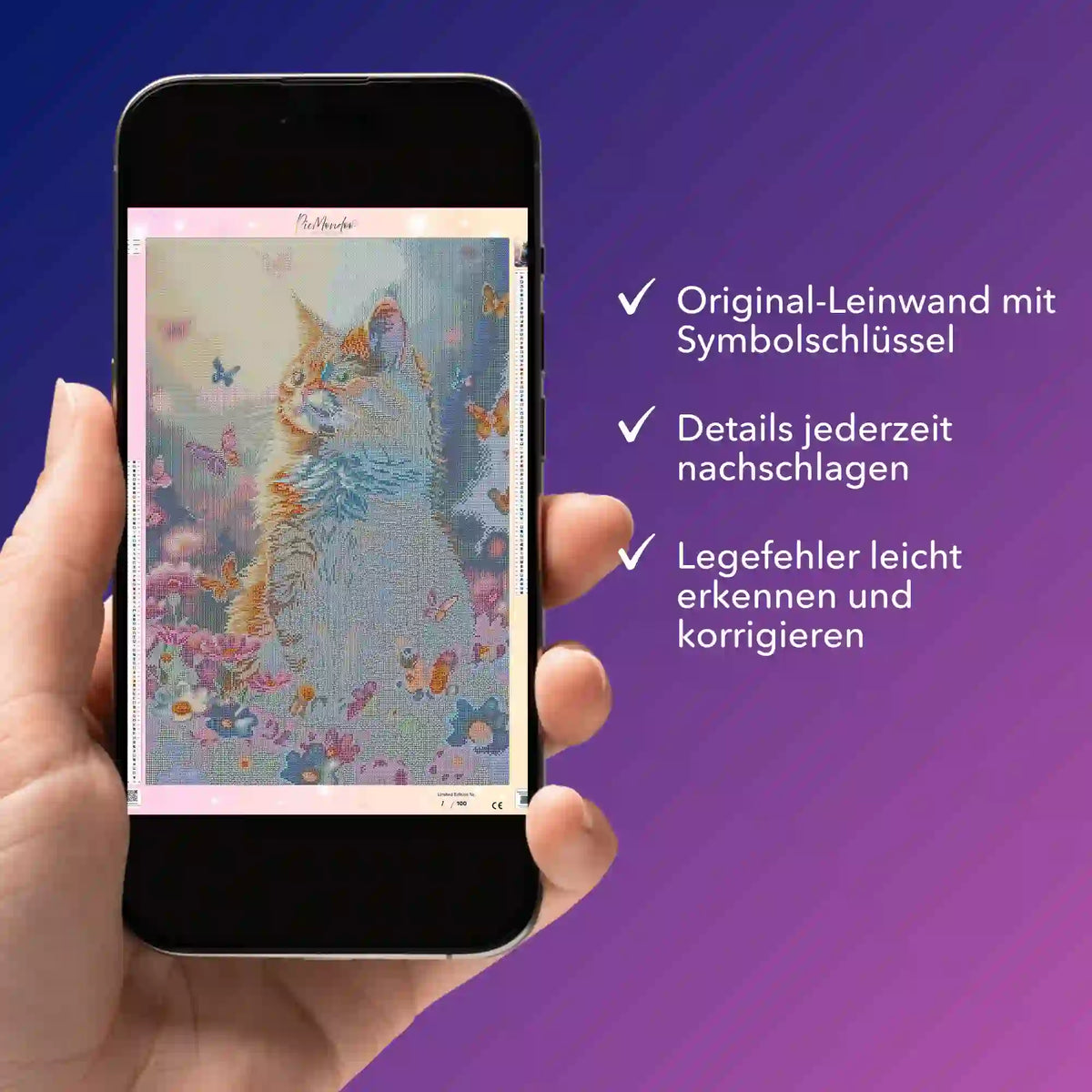 Digitale Diamond Painting Bildmappe als PDF auf Smartphone mit Katzenmotiv und Symbolschlüssel für präzises Basteln