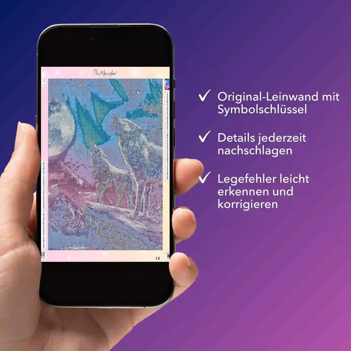 Digitale Diamond Painting Bildmappe als PDF mit Motiv Weiße Wölfe auf Smartphone für einfaches kreatives Arbeiten